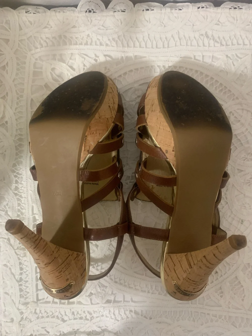 Michael Kors Laci Cork Heel Gold Rivets Ankle Buckle Size 7 1/2 MK Heel Monogram